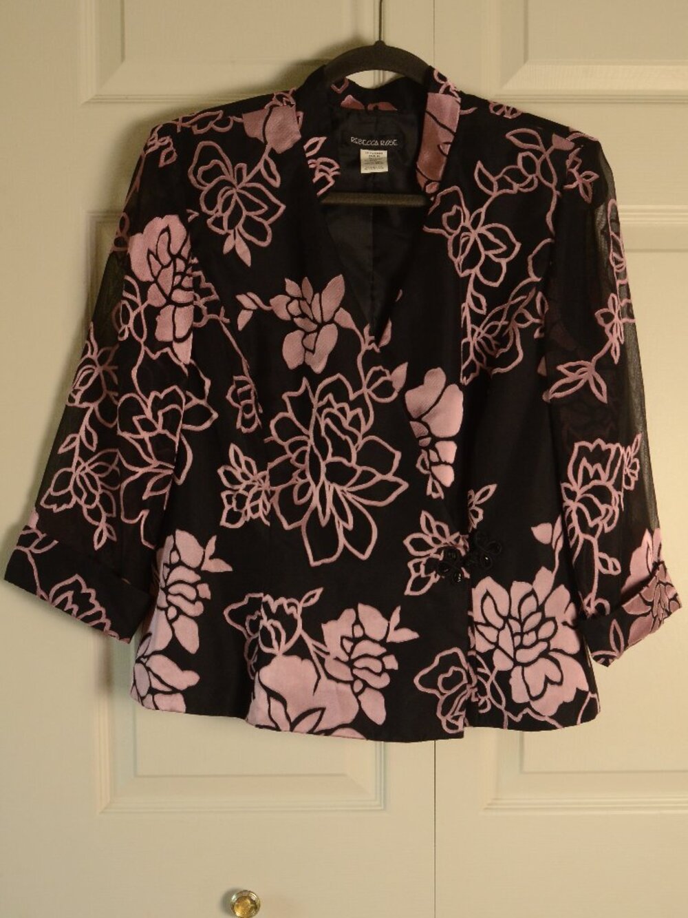 Rebecca Rose Black Pink Floral Burnout Evening Jacket Blazer Womens Large Y2K